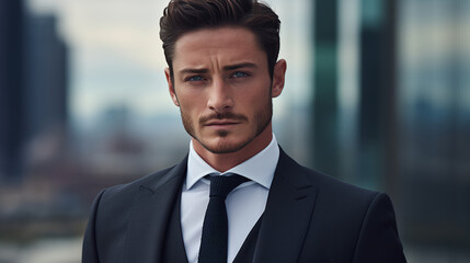 Fototapeta premium A dashing man in a tailored suit, standing by a city skyline, his confident expression meeting the camera's gaze. 