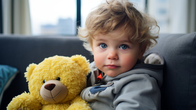 an infant cuddles a favorite toy in a city apartment, their contented expression and the cozy setting capturing the simple joys and comforts that urban homes offer to the younge