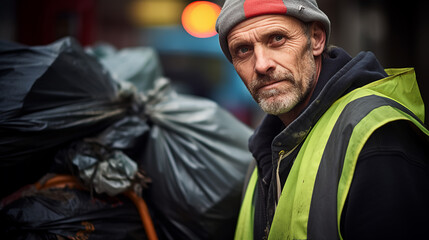 a man participates in a city's volunteer cleanup event, his dedicated expression and the garbage bag he holds embodying the collective responsibility of urban residents to care 
