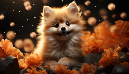 Obraz premium Cute small puppy, fluffy and playful, sitting in nature lap generated by AI