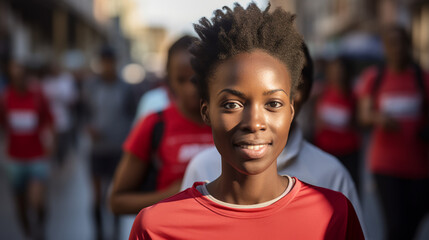 a woman participates in a city's charity run, her determined expression and the charity T-shirt capturing the way urban residents come together for philanthropic causes - obrazy, fototapety, plakaty
