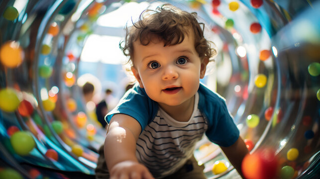 a baby explores a city's interactive children's museum, their wide-eyed wonder and the colorful exhibits capturing the way urban spaces become settings for early learning 