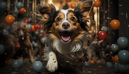 Fototapeta na wymiar Cute puppy sitting, looking at camera, playing with toy ball generated by AI