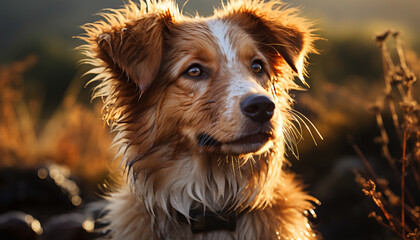 Fototapeta premium A cute puppy sitting in the grass, looking at the sun generated by AI