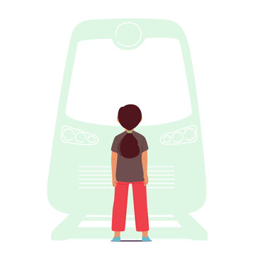 Girl Stand On Railroad. Child Ignoring Danger, Symptom Of Autism. Difficulty Perceiving Risks Vector Illustration