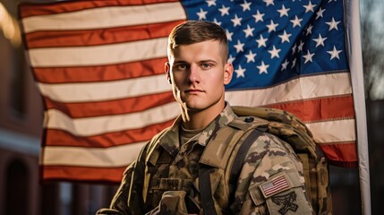 US Army soldier with the national flag of America. Greeting card for Military Veterans Day, Memorial Day, Independence Day. America's holiday.
