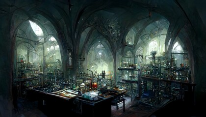 Lamordia laboratory interior gothic architecture dark experiments amoral science bizarre constructs mutagenic radiation illustration fantasy art dnd art dungeons and dragons dd style extremely  - obrazy, fototapety, plakaty