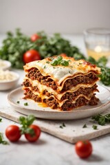 A delicious stack of layered lasagna on a plate
