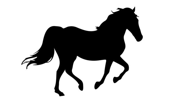 Horse black silhouette. Running or walking horse or mustang. Vector isolated on white. Hooves. Icon, badge, emblem. Design for print, hippodrome, horse racing, farm, stud farm, zoo, equestrian club
