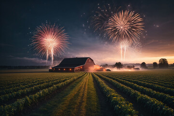 Fireworks at the Farm. New Year celebration agriculture concept, Farm night fireworks celebration new year