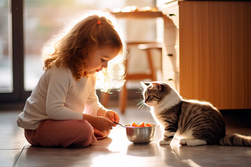little girl feeding a cat in the kitchen