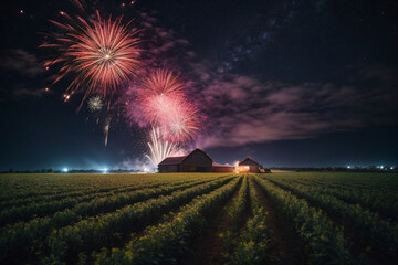 Fireworks at the Farm. New Year celebration agriculture concept, Farm night fireworks celebration new year