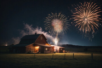 Fireworks at the Farm. New Year celebration agriculture concept, Farm night fireworks celebration new year