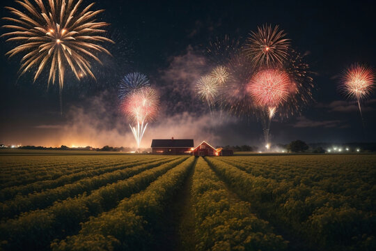 Fireworks at the Farm. New Year celebration agriculture concept, Farm night fireworks celebration new year