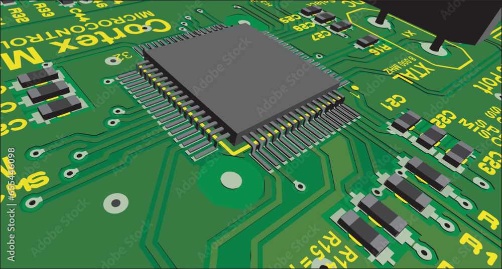 Poster vector pcb layout with microcontroller. printed circuit board of an electronic device with conductor