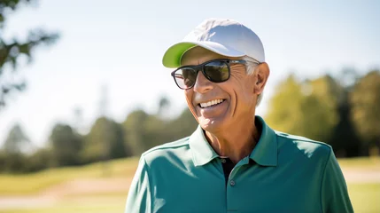 Schilderijen op glas Portrait of a happy smiling senior man on a golf course © MP Studio