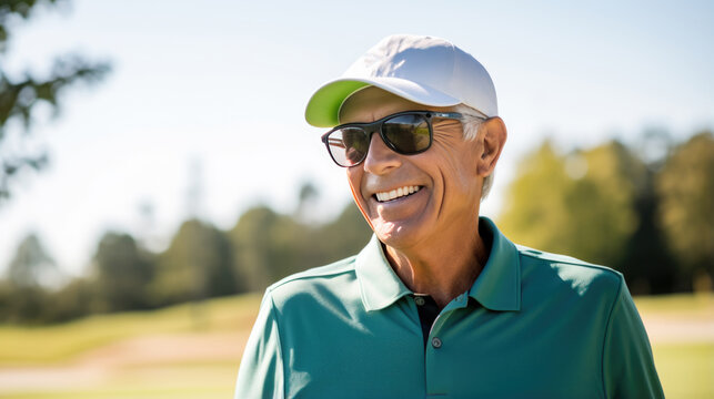 Portrait of a happy smiling senior man on a golf course
