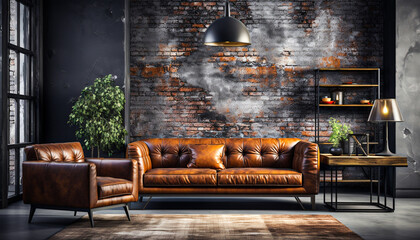 Living room in industrial style with leather ,home interior,