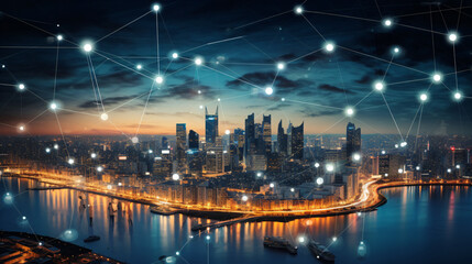 City photo with data connection and global business networking structure
