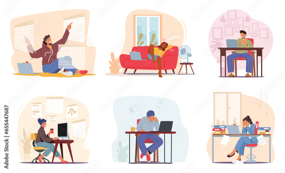 Aufkleber characters with computers, embodying modern connectivity and technology in various settings, vector 