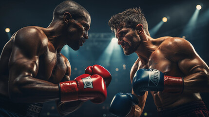 Two strong boxers in action in the ring - obrazy, fototapety, plakaty