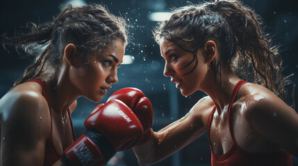 Two female boxers in the ring in boxing gloves face to face - obrazy, fototapety, plakaty