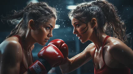Foto op Canvas Two female boxers in the ring in boxing gloves face to face © vladzelinski
