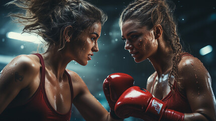 Two female boxers in the ring in boxing gloves face to face