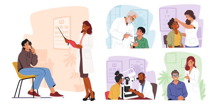 Set Ophthalmologist Doctor Check Eyesight for Eyeglasses Diopter. Oculist with Pointer Checkup Eye Sight