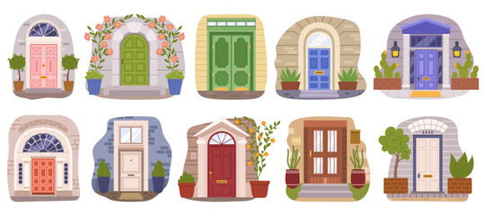 Set Vintage House Doors Exude Timeless Charm, Each One A Portal To History. Cottage Front Doorways Vector Illustration - obrazy, fototapety, plakaty