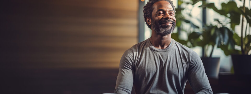 Relaxed Man Practicing Lotus Pose In Yoga, Meditating And Smiling