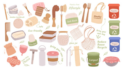 Zero Waste Items Set, Eco-friendly, Sustainable Products Designed To Minimize Environmental Impact, Vector Illustration