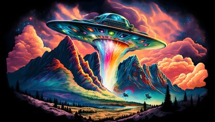 giant ufo rising behind a psychedelic rocky mountain  - obrazy, fototapety, plakaty
