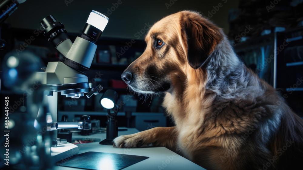 Poster serious dog scientist in a lab with a microscope
