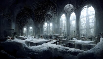 Lamordia domain of snow and stitches laboratory interior gothic architecture dark experiments amoral science bizzare constructs mutagenic radiation  - obrazy, fototapety, plakaty
