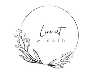 Botanical line illustration of flower, leaves and branch wreath for wedding invitation and cards, logo design, web, social media and posters template. Elegant minimal style floral vector isolated.	 - obrazy, fototapety, plakaty