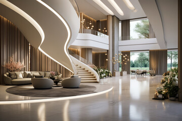 Rich house interior, luxury spacious hallway in modern mansion