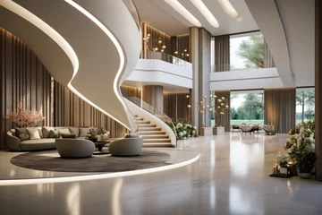 Fotobehang Rich house interior, luxury spacious hallway in modern mansion © scaliger