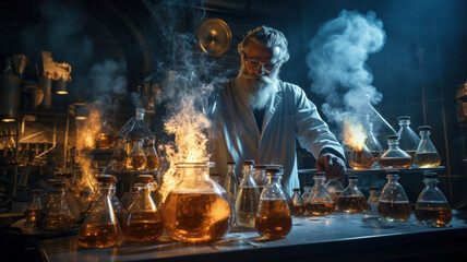 Scientist works with chemical flasks, smoke and steam in retro lab - obrazy, fototapety, plakaty