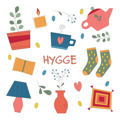 Hygge set. Vector flat illustration, cozy elements for your design. Socks, house plants, teapot, candle.
