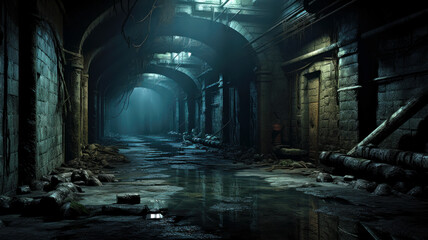 Old urban underground tunnel, abandoned dark scary passage like sewer - obrazy, fototapety, plakaty