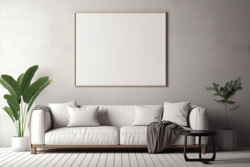 Frame mockup picture in home interior, white couch against white wall