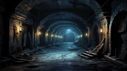 Dark medieval dungeon, old underground stone tunnel, spooky cellar