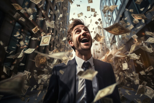 Happy businessman walking down street under money falling like rain