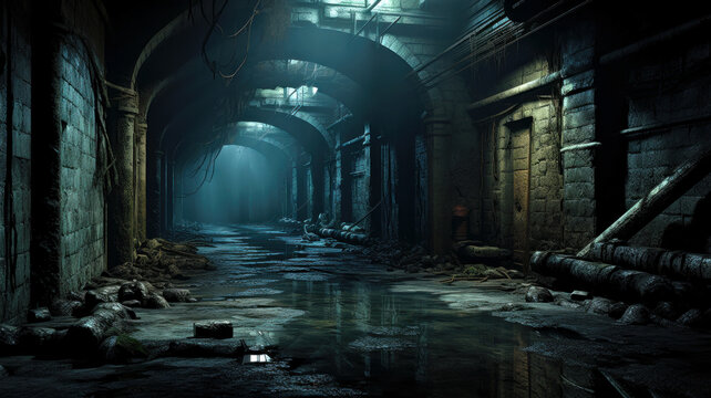 Fototapeta Old urban underground tunnel, abandoned dark scary passage like sewer