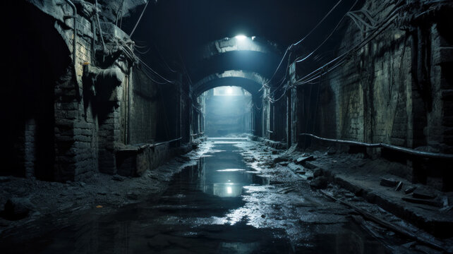 Old underground tunnel in building basement, dark scary dungeon, sewer
