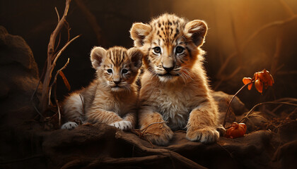 Obraz premium A cute lion cub playing in the grass, looking at camera generated by AI