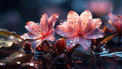 A wet pink flower reflects beauty in nature close up generated by AI