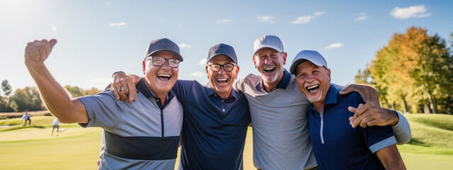 Group of happy friends playing golf on the course