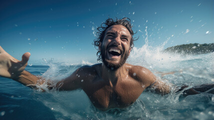 Happy man enjoys a seaside vacation splashing water on the beach - obrazy, fototapety, plakaty